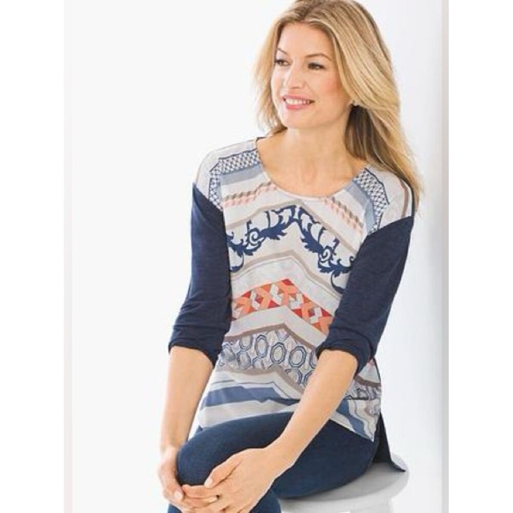Chico's Multi Color Geometric Mixed Media 3/4 Sleeve Blouse Top M 1 Boho Artsy